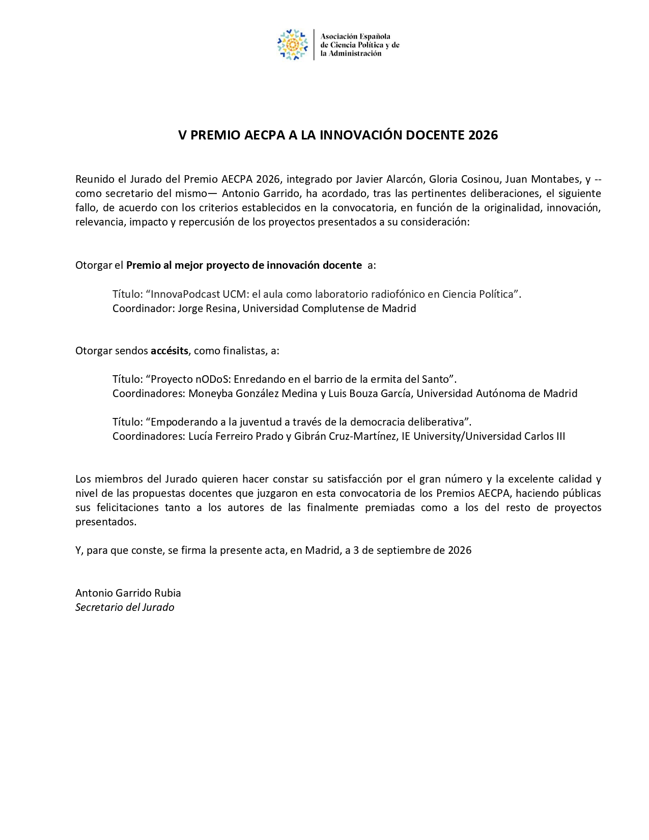 Jorge Resina recibe el Premio AECPA a la Innovación Docente 2026 - 3