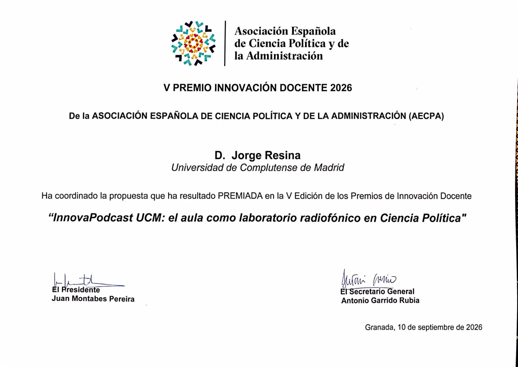 Jorge Resina recibe el Premio AECPA a la Innovación Docente 2026